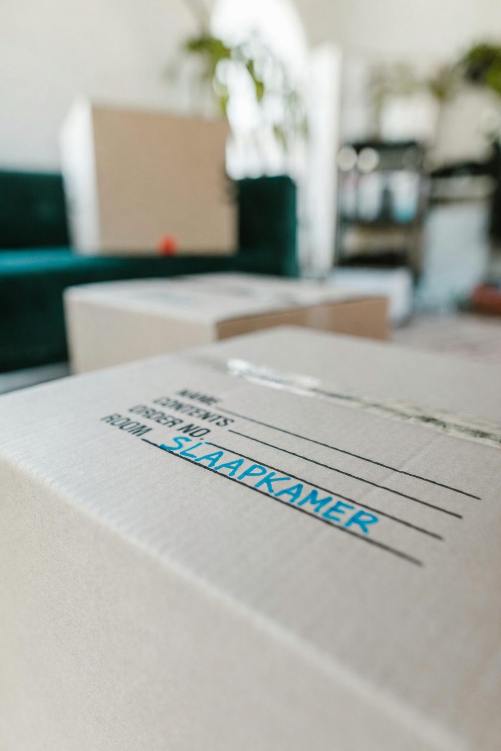 Verhuisdozen in een woonkamer — levensverandering